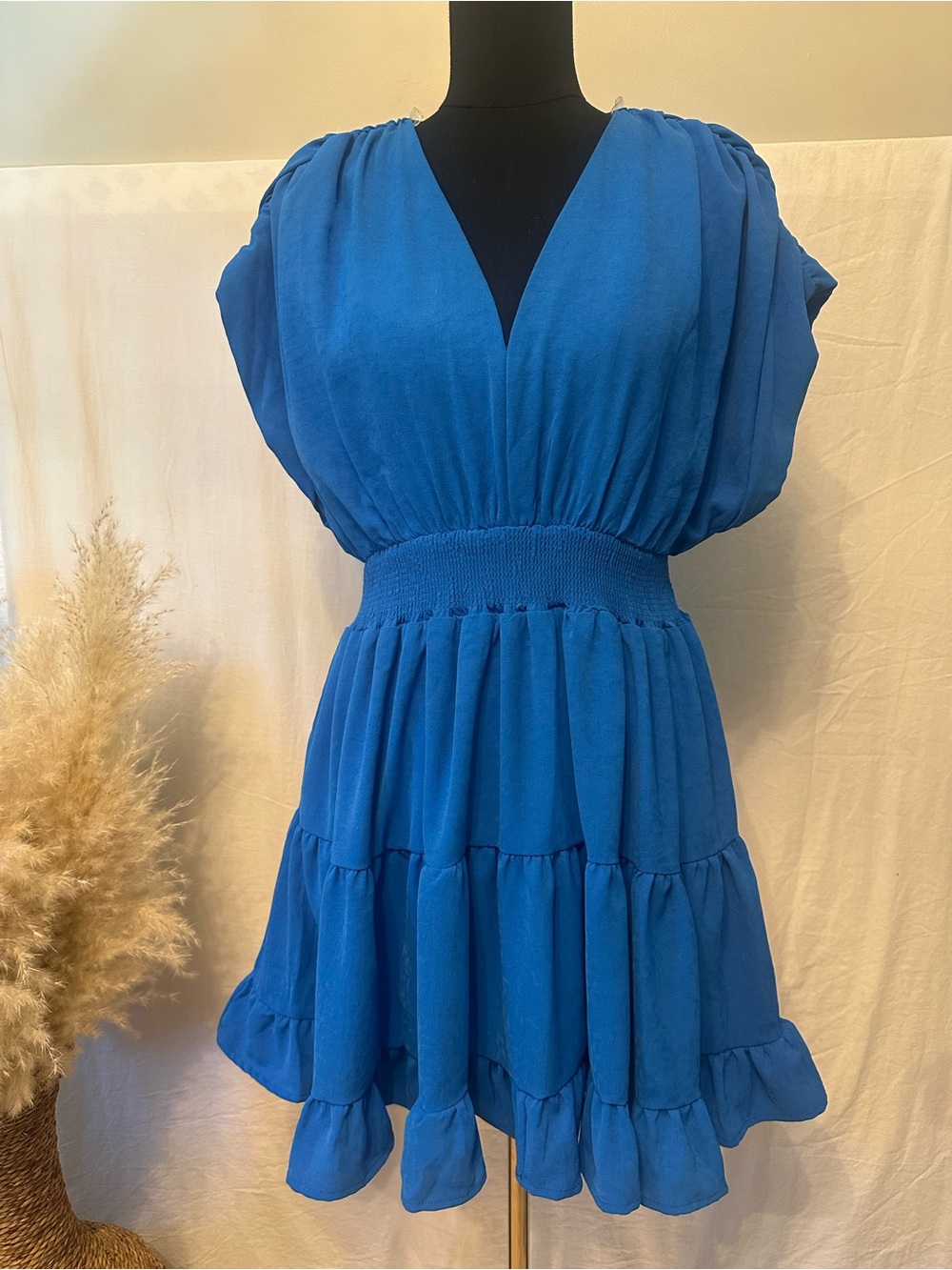 Entro Blue Puff Sleeve Tiered Mini Dress Size Small Smocked Waist NWOT